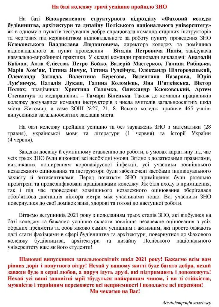 На базі коледжу успішно пройшло ЗНО